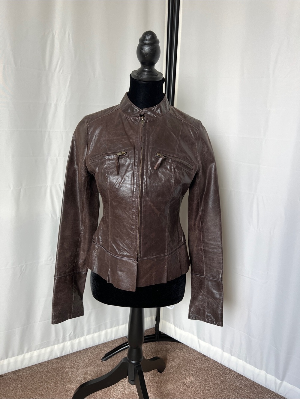 Arden B Dark Brown Leather Peplum Zip Jacket